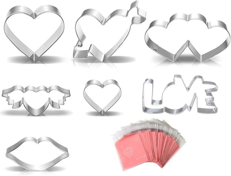 BCHOCKS Heart Cookie Cutter Set 7 Pcs with 100 Pcs 4 Clear Pink Heart Biscuit Bags - Valentine Day Cookie Cutters Set Stainless Steel Biscuit Pastry Cutters - Image 1